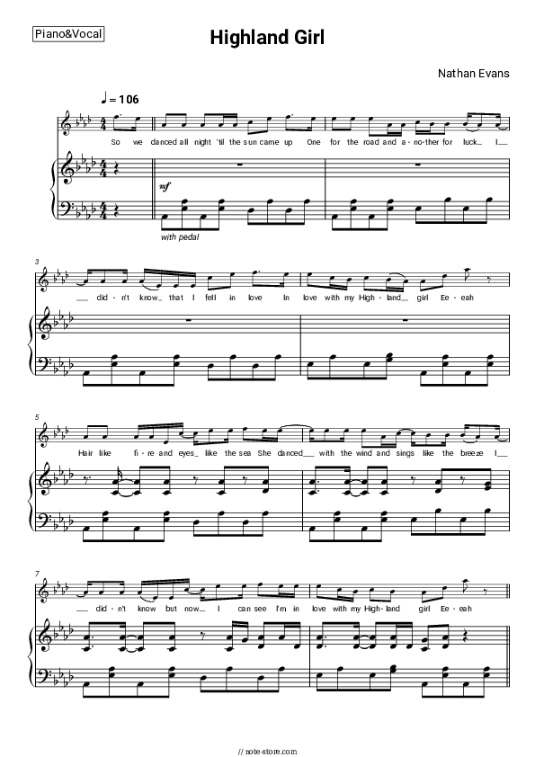 Highland Girl - Nathan Evans Piano Sheet Music with the Voice part - Piano&Vocal