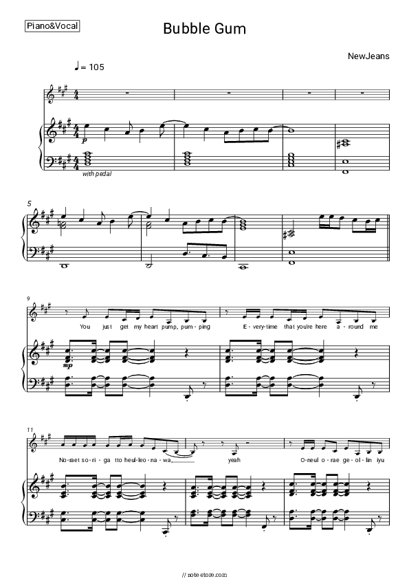 Bubble Gum - NewJeans Piano Sheet Music with the Voice part - Piano&Vocal