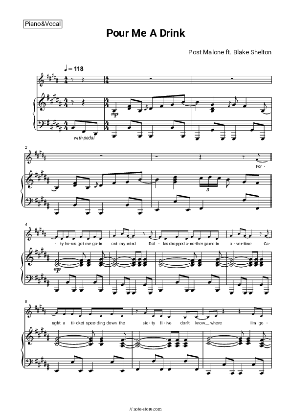 Pour Me A Drink - Post Malone Piano Sheet Music with the Voice part - Piano&Vocal