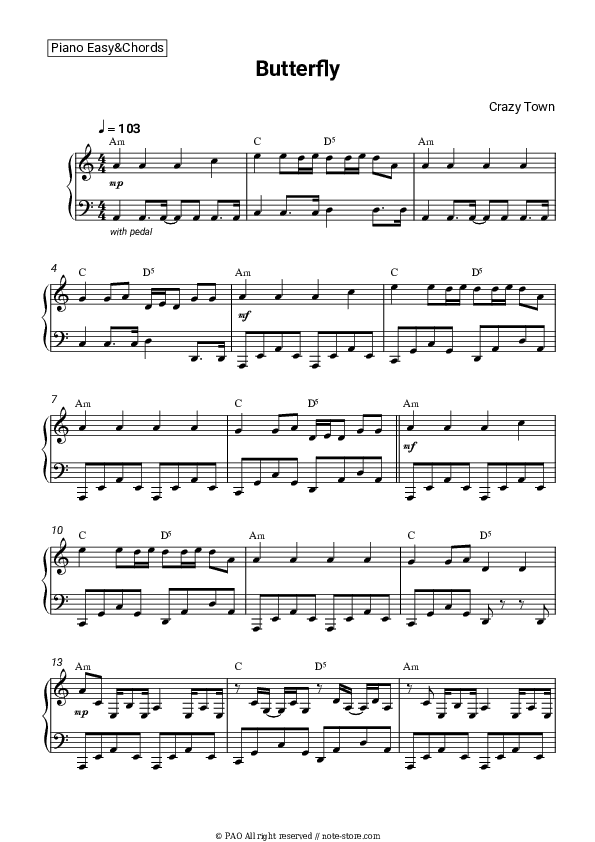 Butterfly - Crazy Town Sheet Music Easy and Chords - Piano.Easy&Chords