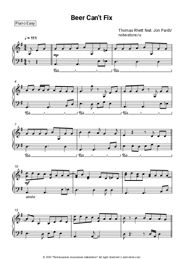 Beer Can't Fix - Thomas Rhett, Jon Pardi Piano Sheet Music Easy - Piano.Easy