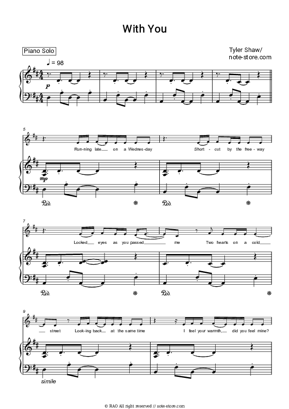 With You - Tyler Shaw Piano Sheet Music with the Voice part - Piano&Vocal