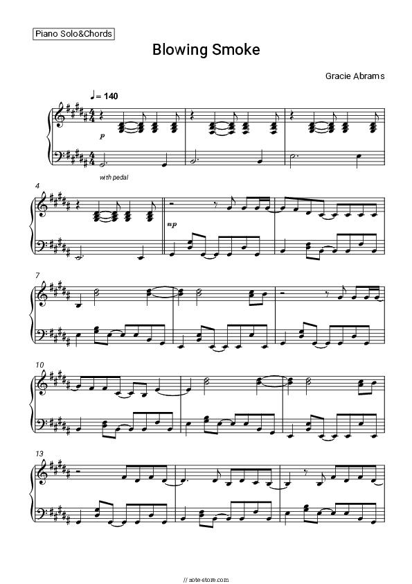 Blowing Smoke - Gracie Abrams Piano Sheet Music - Piano.Solo