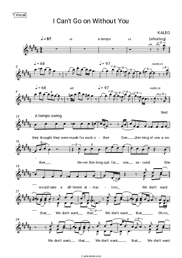 I Can’t Go On Without You - Kaleo Vocal Sheet Music - Vocal