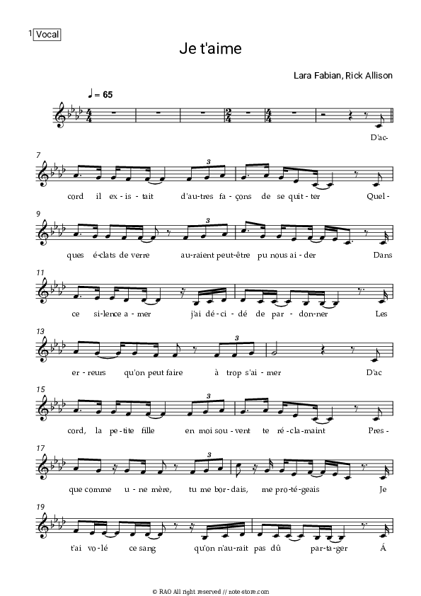 Je T'aime - Lara Fabian Vocal Sheet Music - Vocal