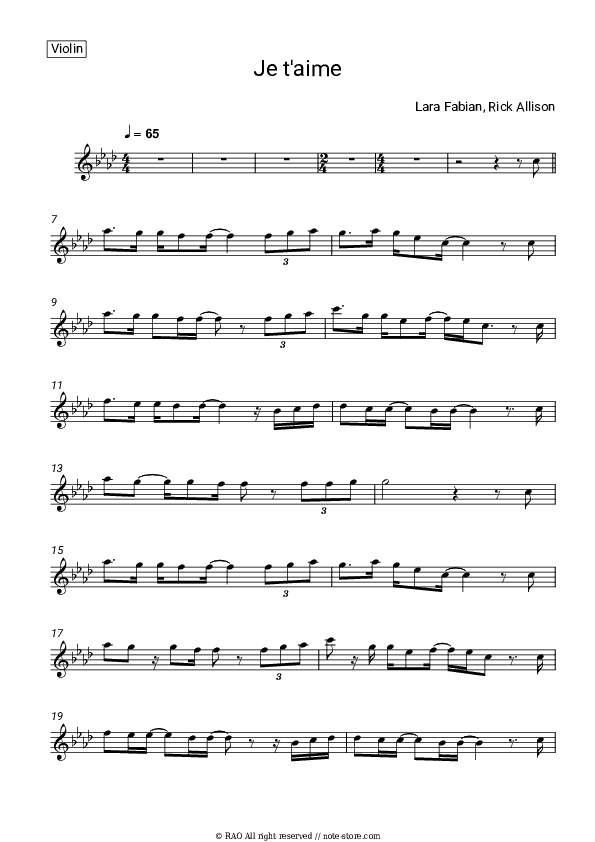 Je T'aime - Lara Fabian Violin Sheet Music - Violin