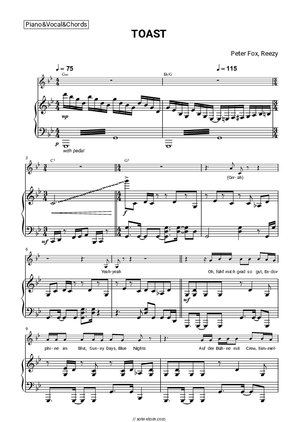 TOAST - Peter Fox, Reezy Piano Sheet Music with the Vocal and Chords - Piano&Vocal&Chords