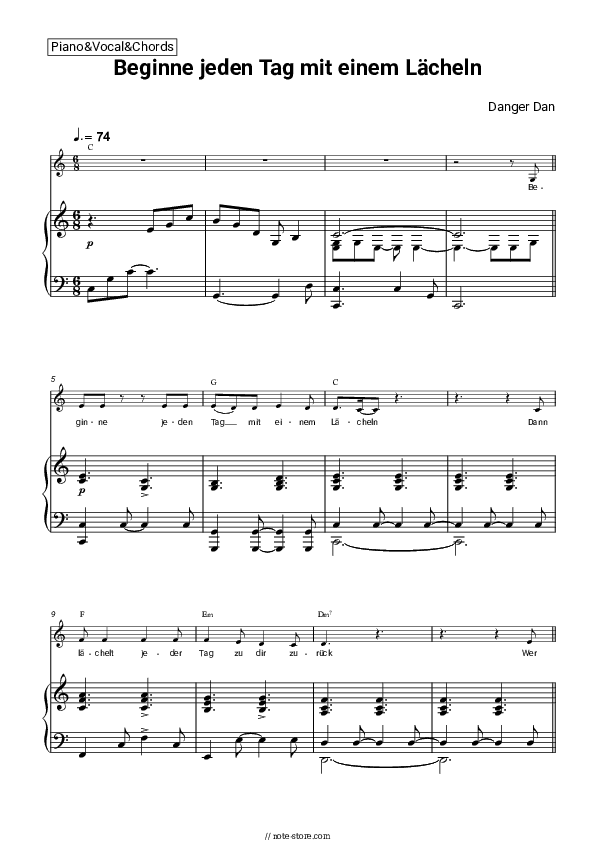 Beginne jeden Tag mit einem Lächeln - Danger Dan Piano Sheet Music with the Vocal and Chords - Piano&Vocal&Chords