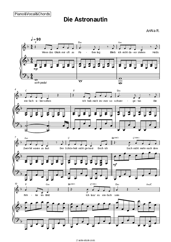 Die Astronautin - AnNa R. Piano Sheet Music with the Vocal and Chords - Piano&Vocal&Chords