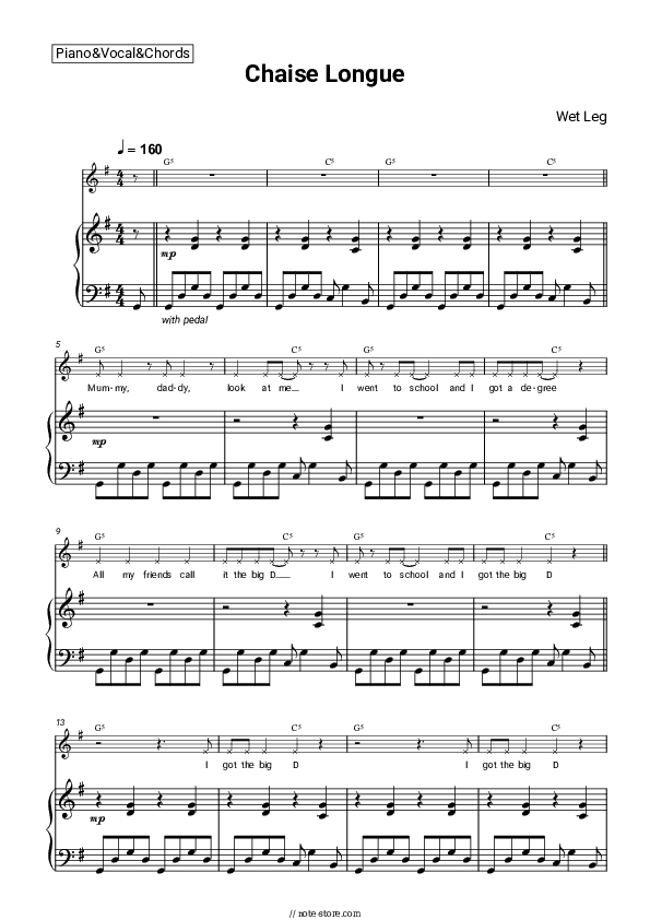 Chaise Longue - Wet Leg Piano Sheet Music with the Vocal and Chords - Piano&Vocal&Chords