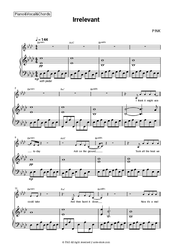 Irrelevant - P!nk Piano Sheet Music with the Vocal and Chords - Piano&Vocal&Chords