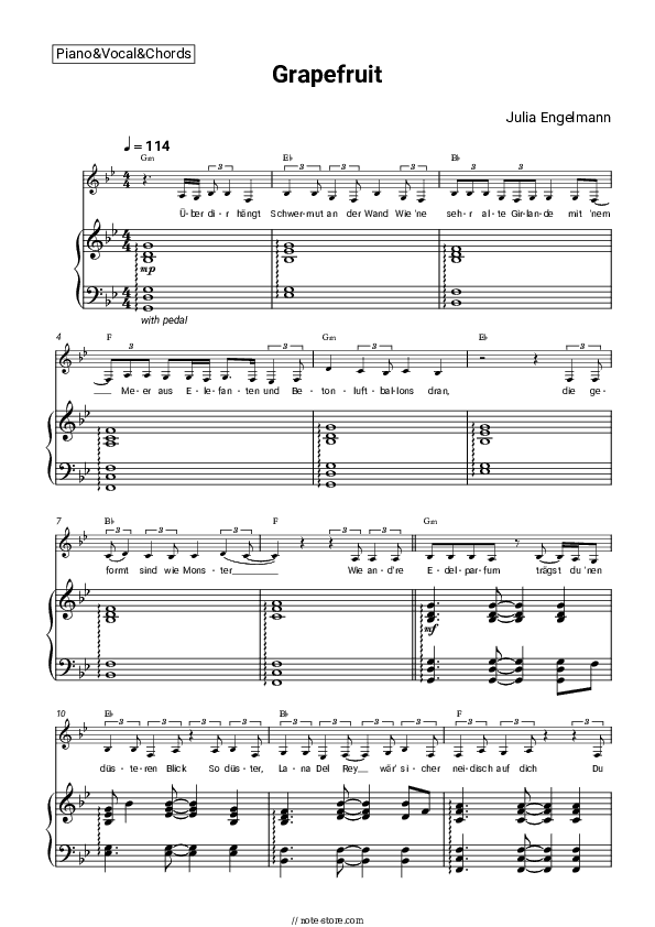 Grapefruit - Julia Engelmann Piano Sheet Music with the Vocal and Chords - Piano&Vocal&Chords