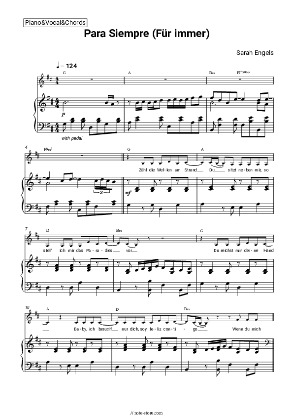 Para Siempre (Für immer) - Sarah Engels Piano Sheet Music with the Vocal and Chords - Piano&Vocal&Chords