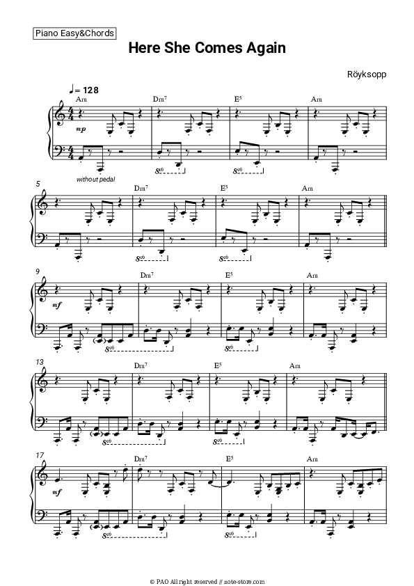 Here She Comes Again - Röyksopp Sheet Music Easy and Chords - Piano.Easy&Chords