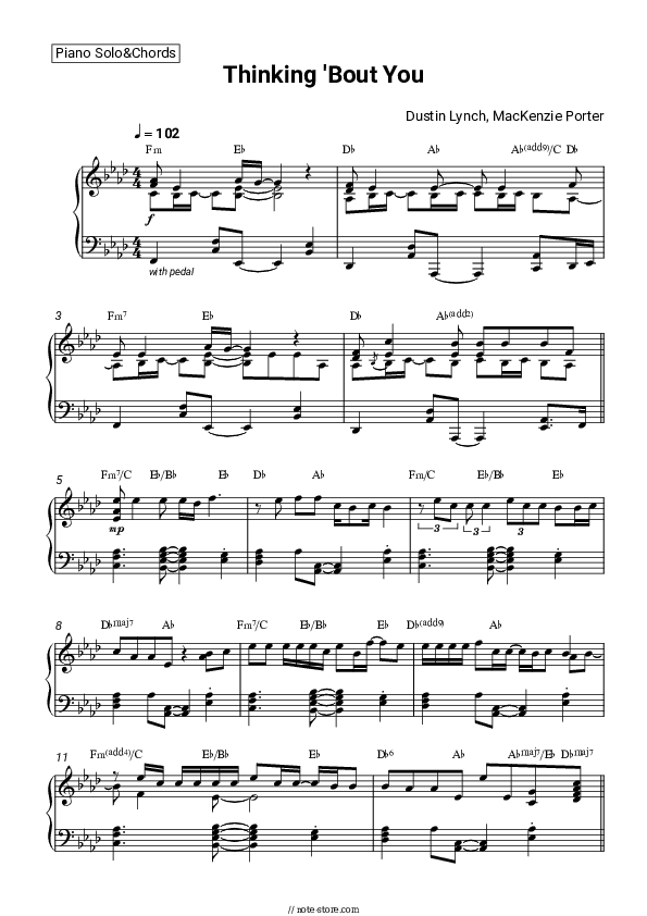 Thinking 'Bout You - Dustin Lynch, MacKenzie Porter Piano Sheet Music and Chords - Piano.Solo&Chords