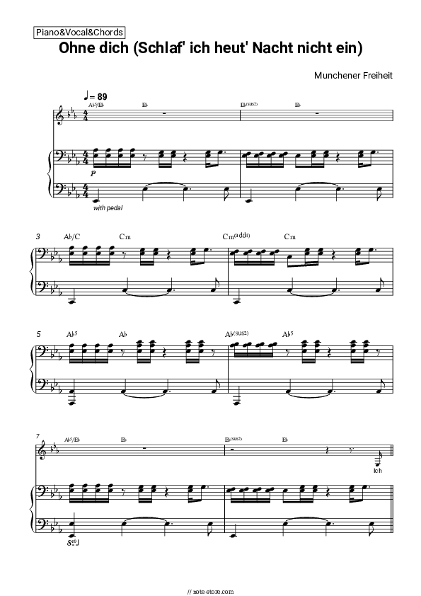 Ohne dich (Schlaf' ich heut' Nacht nicht ein) - Munchener Freiheit Piano Sheet Music with the Vocal and Chords - Piano&Vocal&Chords