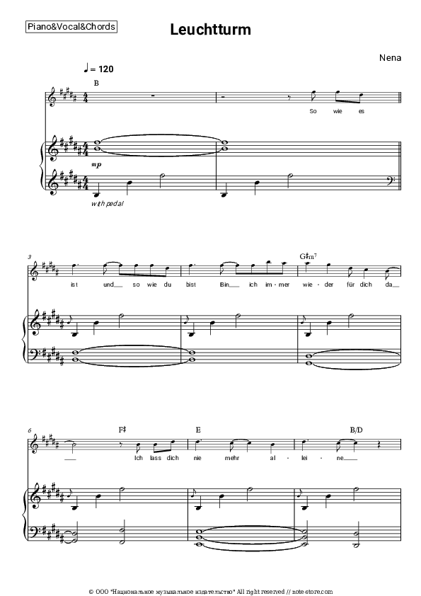 Leuchtturm - Nena Piano Sheet Music with the Vocal and Chords - Piano&Vocal&Chords