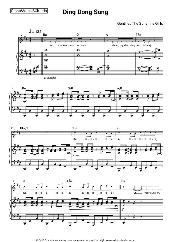 Ding Dong Song - Günther, The Sunshine Girls Piano Sheet Music with the Vocal and Chords - Piano&Vocal&Chords