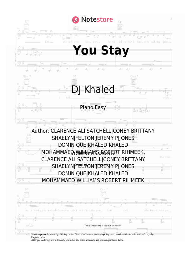 You Stay - DJ Khaled, Meek Mill, J Balvin, Lil Baby, Jeremih Piano Sheet Music Easy - Piano.Easy