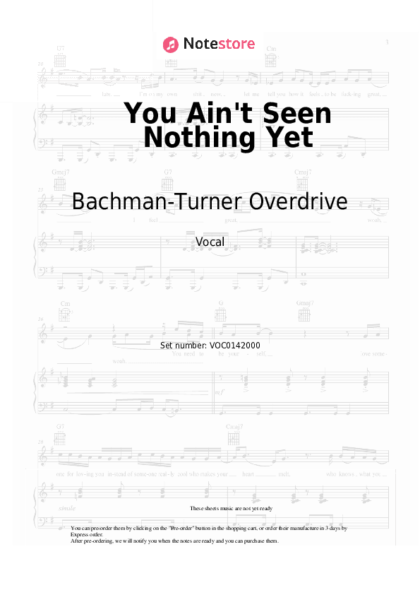 You Ain't Seen Nothing Yet - Bachman-Turner Overdrive Vocal Sheet Music - Vocal