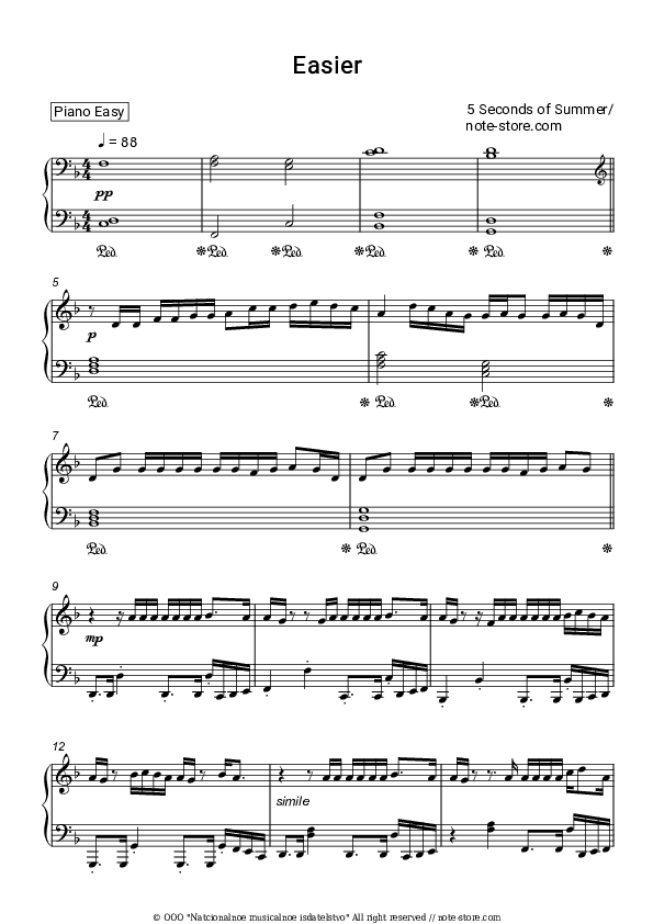 Easier - 5 Seconds of Summer Piano Sheet Music Easy - Piano.Easy