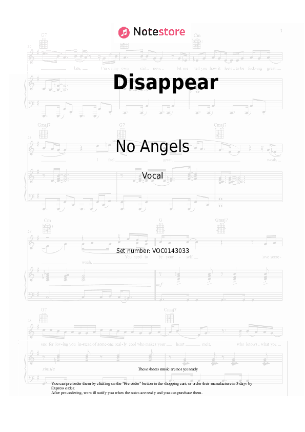 Disappear - No Angels Vocal Sheet Music - Vocal