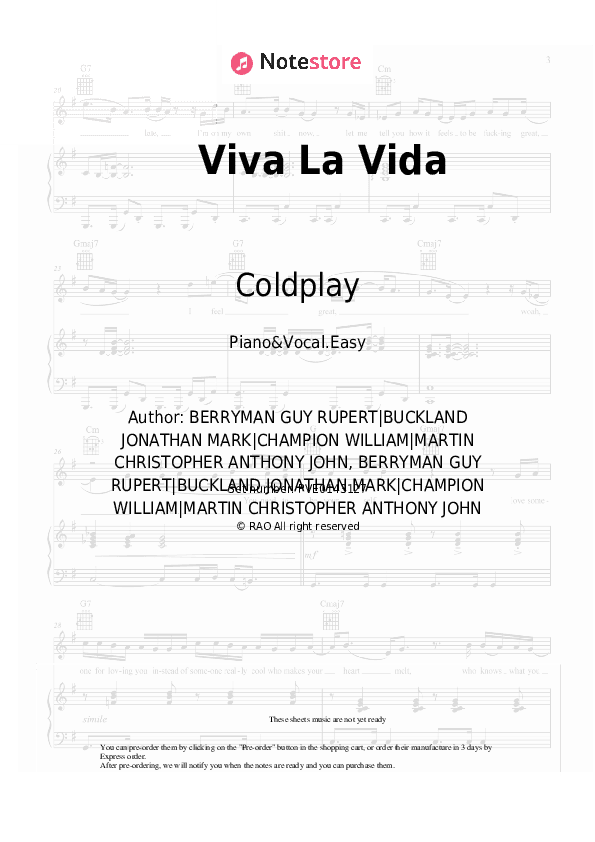 Viva La Vida - Coldplay Piano Sheet Music Easy and Vocal - Piano&Vocal.Easy