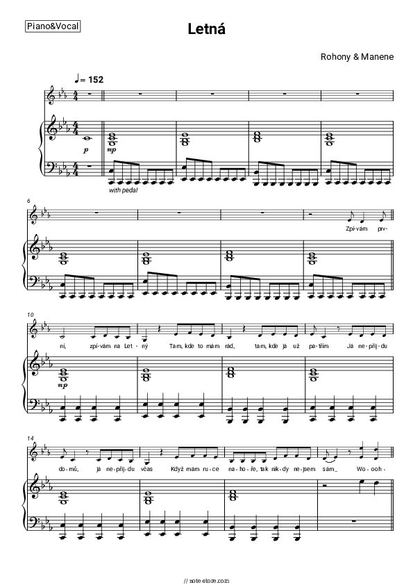 Letná - Rohony & Manene Piano Sheet Music with the Voice part - Piano&Vocal