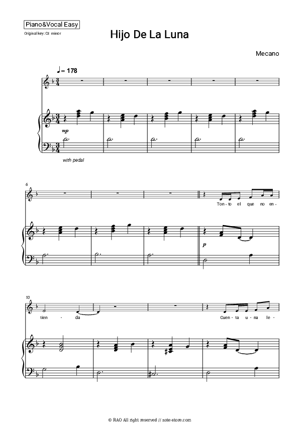 Hijo De La Luna - Mecano Piano Sheet Music Easy and Vocal - Piano&Vocal.Easy