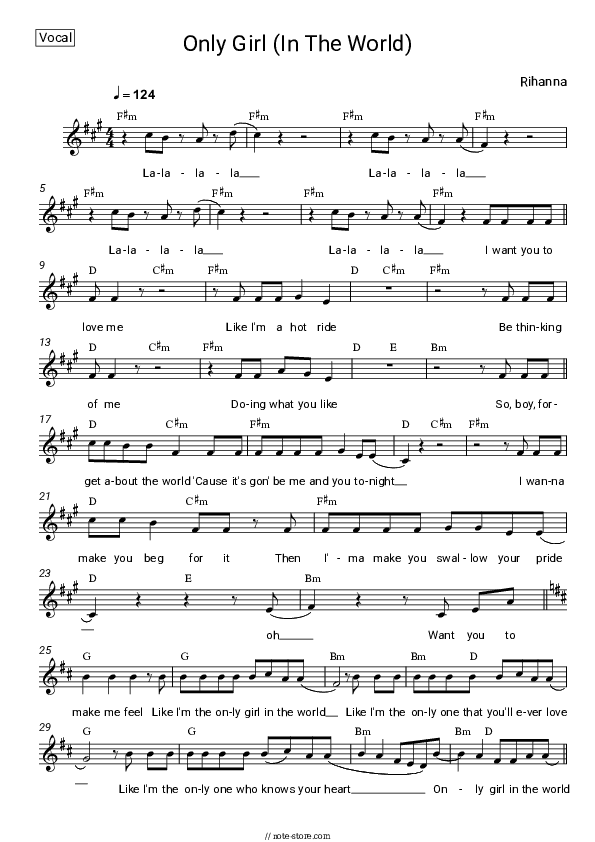 Only Girl (In the World) - Rihanna Vocal Sheet Music - Vocal