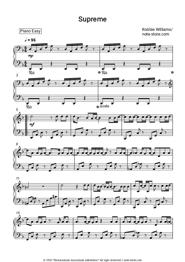 Supreme - Robbie Williams Piano Sheet Music Easy - Piano.Easy