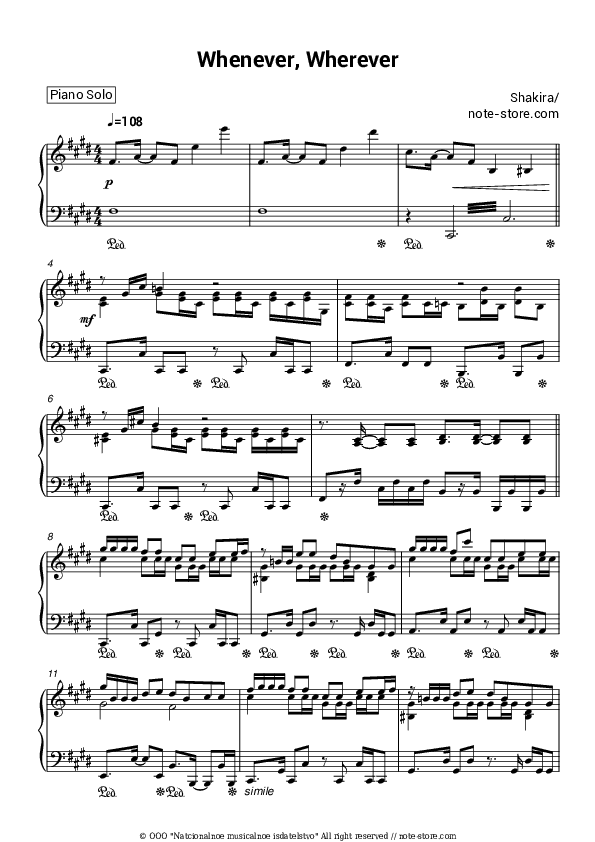 Whenever, Wherever - Shakira Piano Sheet Music - Piano.Solo