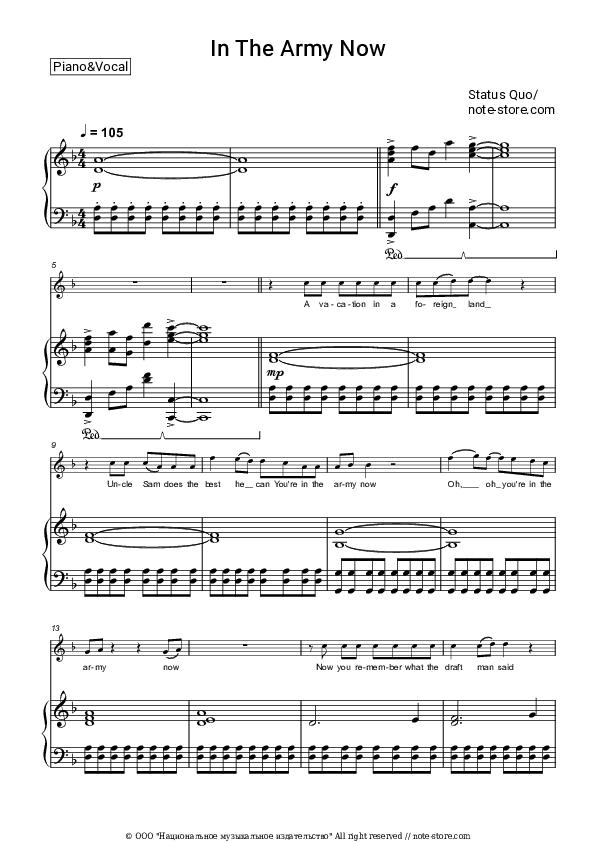 In The Army Now - Status Quo Piano Sheet Music with the Voice part - Piano&Vocal