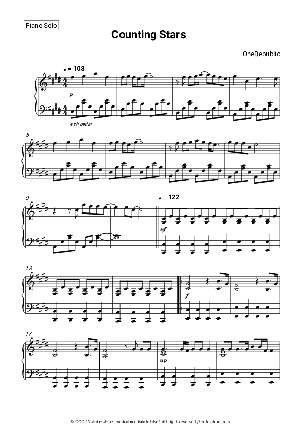 Counting Stars - OneRepublic Piano Sheet Music - Piano.Solo