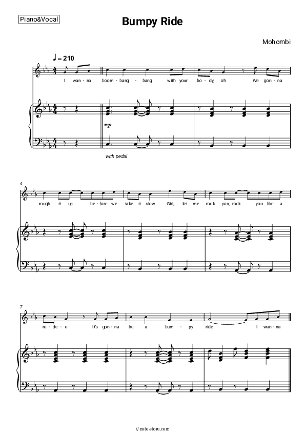 Bumpy Ride - Mohombi Piano Sheet Music with the Voice part - Piano&Vocal