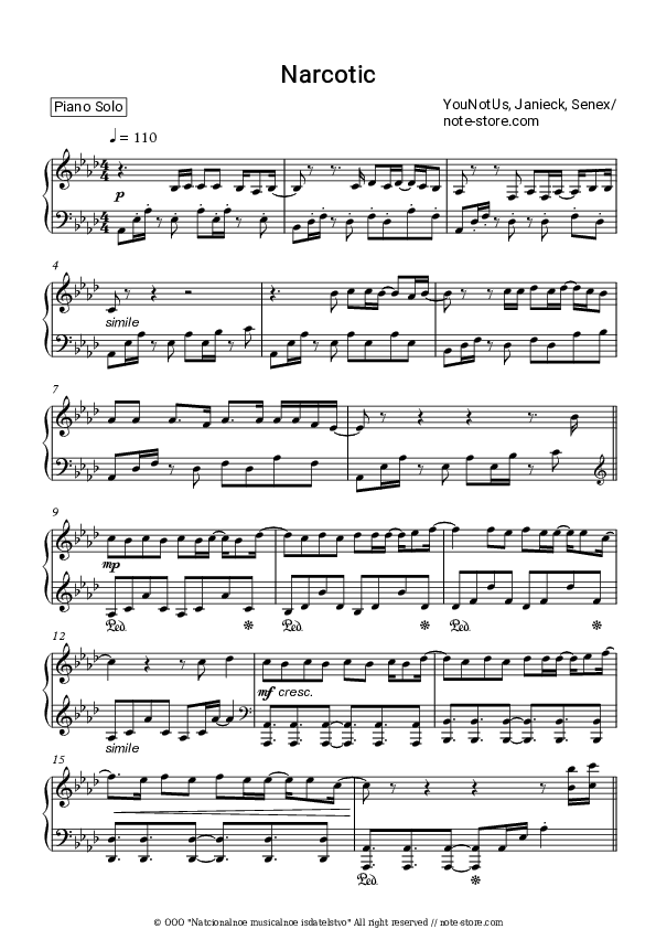 Narcotic - YOUNOTUS, Janieck, SENEX Piano Sheet Music - Piano.Solo