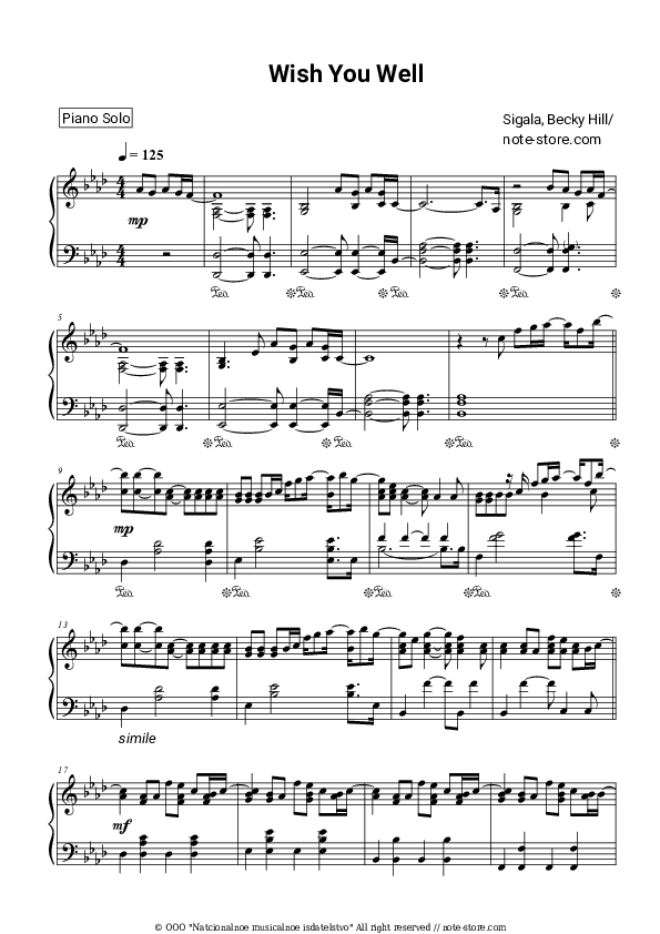 Wish You Well - Sigala, Becky Hill Piano Sheet Music - Piano.Solo