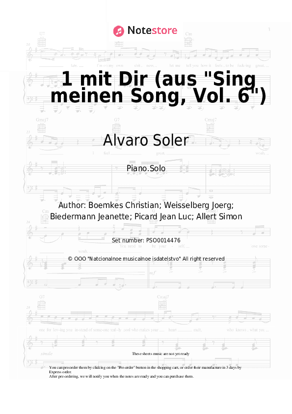 1 mit Dir (aus Sing meinen Song, Vol. 6) - Alvaro Soler Piano Sheet Music - Piano.Solo