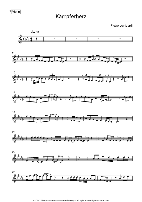 Kampferherz - Pietro Lombardi Violin Sheet Music - Violin