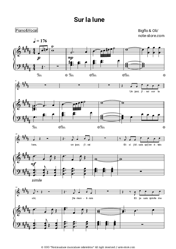 Sur la lune - Bigflo & Oli Piano Sheet Music with the Voice part - Piano&Vocal