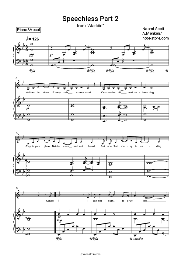 Speechless (Part 2, From Aladdin 2019) - Naomi Scott Piano Sheet Music with the Voice part - Piano&Vocal