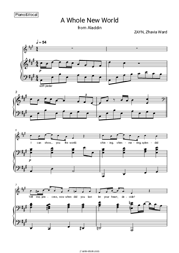 A Whole New World (End Title, From Aladdin 2019) - ZAYN, Zhavia Ward Piano Sheet Music with the Voice part - Piano&Vocal