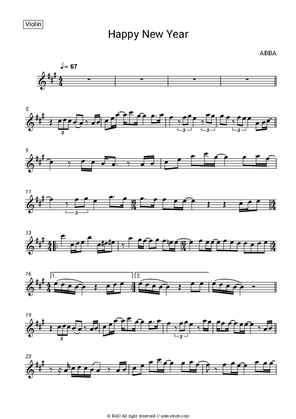 Happy new year - ABBA Violin Sheet Music - Violin