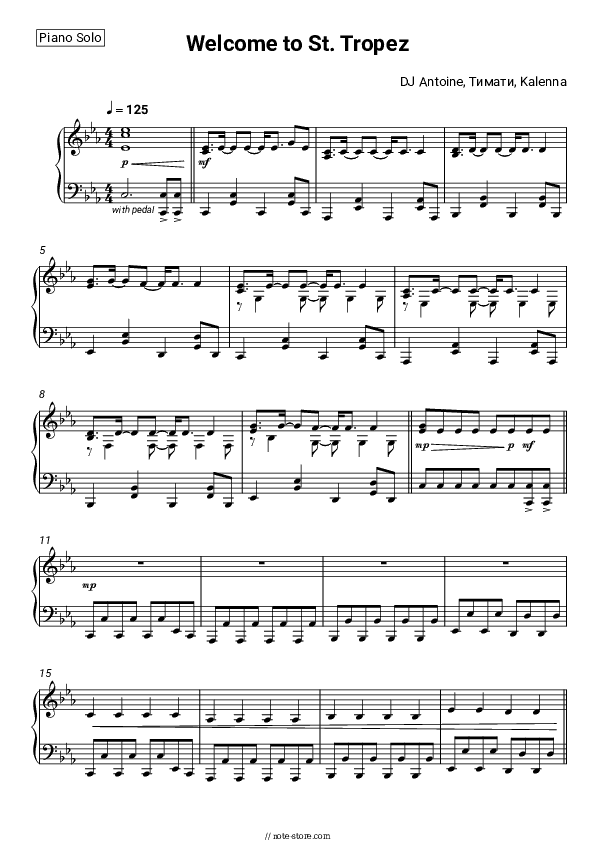 Welcome to St. Tropez - DJ Antoine, Timati, Kalenna Piano Sheet Music - Piano.Solo