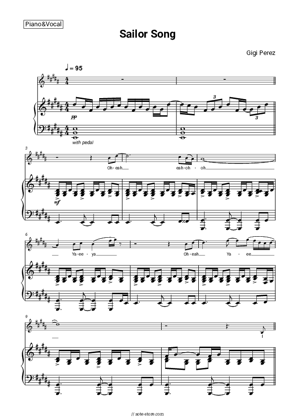 Sailor Song - Gigi Perez Piano Sheet Music with the Voice part - Piano&Vocal