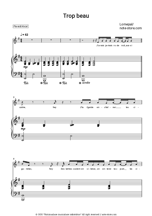 Trop beau - Lomepal Piano Sheet Music with the Voice part - Piano&Vocal