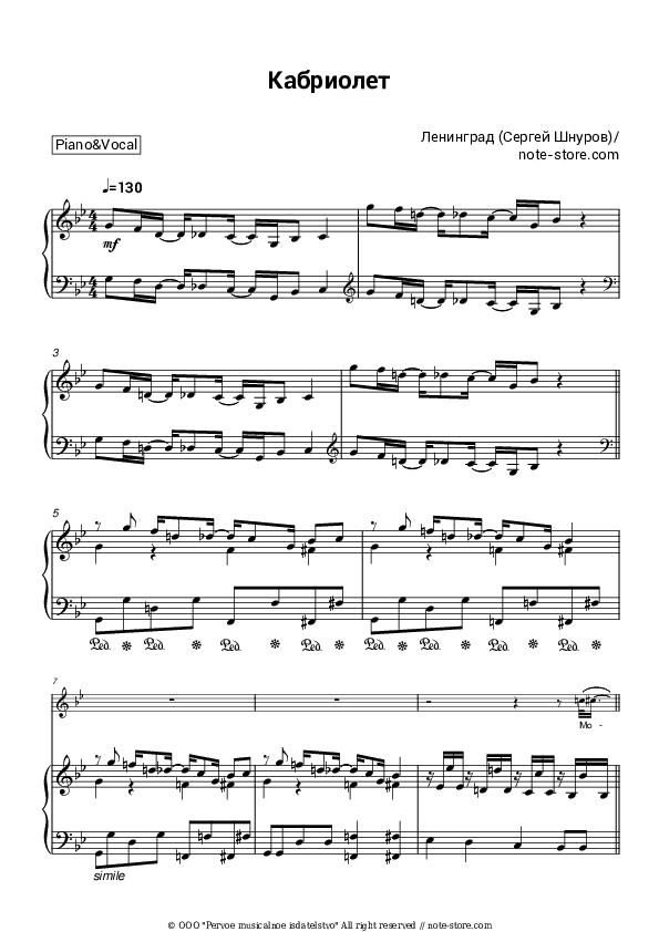Кабриолет - Leningrad (Sergey Shnurov), Sergey Shnurov Piano Sheet Music with the Voice part - Piano&Vocal