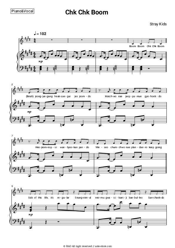 Chk Chk Boom - Stray Kids Piano Sheet Music with the Voice part - Piano&Vocal