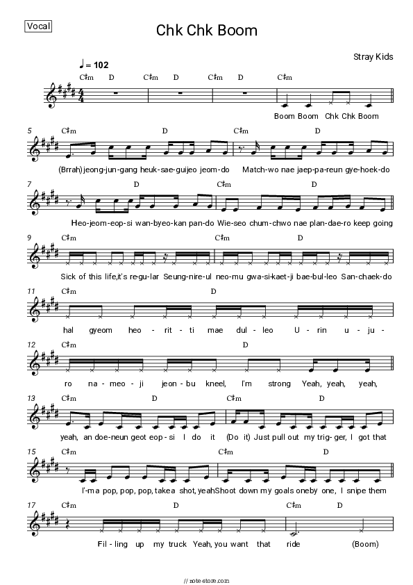 Chk Chk Boom - Stray Kids Vocal Sheet Music - Vocal