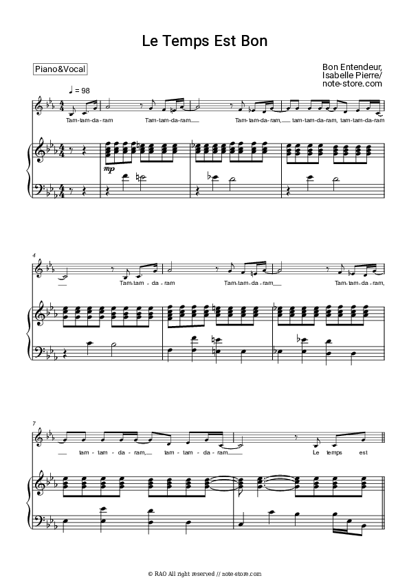 Le temps est bon - Bon Entendeur, Isabelle Pierre Piano Sheet Music with the Voice part - Piano&Vocal